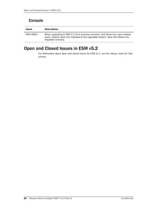 Open and Closed Issues in ESM v5.2
24 Release Notes ArcSight ESM™ 5.2 Patch 2 Confidential
Console
Open and Closed Issues in ESM v5.2
For information about open and closed issues for ESM v5.2, see the release notes for that
version.
Issue Description
ESM-49827 When upgrading to ESM 5.2 from previous versions, drill-downs for user-created
query viewers were not migrated to the upgraded system. Now drill-downs are
migrated correctly.
 