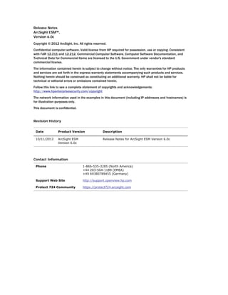 Release Notes
ArcSight ESM™,
Version 6.0c
Copyright © 2012 ArcSight, Inc. All rights reserved.
Confidential computer software. Valid license from HP required for possession, use or copying. Consistent
with FAR 12.211 and 12.212, Commercial Computer Software, Computer Software Documentation, and
Technical Data for Commercial Items are licensed to the U.S. Government under vendor's standard
commercial license.
The information contained herein is subject to change without notice. The only warranties for HP products
and services are set forth in the express warranty statements accompanying such products and services.
Nothing herein should be construed as constituting an additional warranty. HP shall not be liable for
technical or editorial errors or omissions contained herein.
Follow this link to see a complete statement of copyrights and acknowledgements:
http://www.hpenterprisesecurity.com/copyright
The network information used in the examples in this document (including IP addresses and hostnames) is
for illustration purposes only.
This document is confidential.
Revision History
Contact Information
Date Product Version Description
10/11/2012 ArcSight ESM
Version 6.0c
Release Notes for ArcSight ESM Version 6.0c
Phone 1-866-535-3285 (North America)
+44 203-564-1189 (EMEA)
+49 69380789455 (Germany)
Support Web Site http://support.openview.hp.com
Protect 724 Community https://protect724.arcsight.com
 