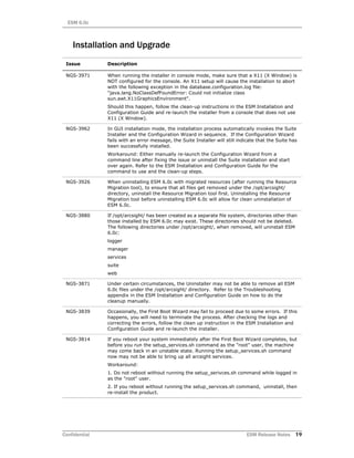 ESM 6.0c
Confidential ESM Release Notes 19
Installation and Upgrade
Issue Description
NGS-3971 When running the installer in console mode, make sure that a X11 (X Window) is
NOT configured for the console. An X11 setup will cause the installation to abort
with the following exception in the database.configuration.log file:
"java.lang.NoClassDefFoundError: Could not initialize class
sun.awt.X11GraphicsEnvironment".
Should this happen, follow the clean-up instructions in the ESM Installation and
Configuration Guide and re-launch the installer from a console that does not use
X11 (X Window).
NGS-3962 In GUI installation mode, the installation process automatically invokes the Suite
Installer and the Configuration Wizard in sequence. If the Configuration Wizard
fails with an error message, the Suite Installer will still indicate that the Suite has
been successfully installed.
Workaround: Either manually re-launch the Configuration Wizard from a
command line after fixing the issue or uninstall the Suite installation and start
over again. Refer to the ESM Installation and Configuration Guide for the
command to use and the clean-up steps.
NGS-3926 When uninstalling ESM 6.0c with migrated resources (after running the Resource
Migration tool), to ensure that all files get removed under the /opt/arcsight/
directory, uninstall the Resource Migration tool first. Uninstalling the Resource
Migration tool before uninstalling ESM 6.0c will allow for clean uninstallation of
ESM 6.0c.
NGS-3880 If /opt/arcsight/ has been created as a separate file system, directories other than
those installed by ESM 6.0c may exist. These directories should not be deleted.
The following directories under /opt/arcsight/, when removed, will uninstall ESM
6.0c:
logger
manager
services
suite
web
NGS-3871 Under certain circumstances, the Uninstaller may not be able to remove all ESM
6.0c files under the /opt/arcsight/ directory. Refer to the Troubleshooting
appendix in the ESM Installation and Configuration Guide on how to do the
cleanup manually.
NGS-3839 Occasionally, the First Boot Wizard may fail to proceed due to some errors. If this
happens, you will need to terminate the process. After checking the logs and
correcting the errors, follow the clean up instruction in the ESM Installation and
Configuration Guide and re-launch the installer.
NGS-3814 If you reboot your system immediately after the First Boot Wizard completes, but
before you run the setup_services.sh command as the "root" user, the machine
may come back in an unstable state. Running the setup_services.sh command
now may not be able to bring up all arcsight services.
Workaround:
1. Do not reboot without running the setup_serivces.sh command while logged in
as the "root" user.
2. If you reboot without running the setup_services.sh command, uninstall, then
re-install the product.
 