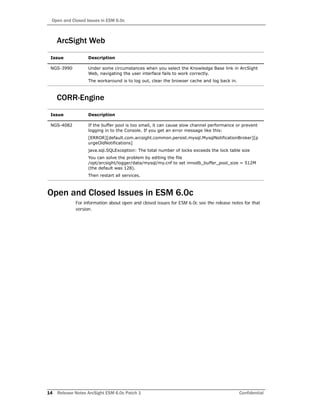 Open and Closed Issues in ESM 6.0c
14 Release Notes ArcSight ESM 6.0c Patch 1 Confidential
ArcSight Web
CORR-Engine
Open and Closed Issues in ESM 6.0c
For information about open and closed issues for ESM 6.0c see the release notes for that
version.
Issue Description
NGS-3990 Under some circumstances when you select the Knowledge Base link in ArcSight
Web, navigating the user interface fails to work correctly.
The workaround is to log out, clear the browser cache and log back in.
Issue Description
NGS-4082 If the buffer pool is too small, it can cause slow channel performance or prevent
logging in to the Console. If you get an error message like this:
[ERROR][default.com.arcsight.common.persist.mysql.MysqlNotificationBroker][p
urgeOldNotifications]
java.sql.SQLException: The total number of locks exceeds the lock table size
You can solve the problem by editing the file
/opt/arcsight/logger/data/mysql/my.cnf to set innodb_buffer_pool_size = 512M
(the default was 128).
Then restart all services.
 