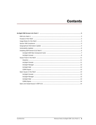 Confidential Release Notes ArcSight ESM 6.0c Patch 1 3
Contents
ArcSight ESM Version 6.0c Patch 1 ......................................................................................................... 5
ESM 6.0c Patch 1 ............................................................................................................ 5
Purpose of this Patch ....................................................................................................... 5
Usage Notes for this Patch ................................................................................................ 5
Section 508 Compliance ................................................................................................... 5
Geographical Information Update ...................................................................................... 5
Vulnerability Updates ....................................................................................................... 6
Installing ESM Version 6.0c Patch 1 ................................................................................... 6
ArcSight ESM Main Component Suite ........................................................................... 7
ArcSight Console ....................................................................................................... 8
Issues Fixed in this Patch ............................................................................................... 11
Analytics ................................................................................................................ 11
ArcSight Console ..................................................................................................... 11
ArcSight Manager .................................................................................................... 12
ArcSight Web ......................................................................................................... 12
CORR-Engine .......................................................................................................... 13
Open Issues in this Patch ............................................................................................... 13
ArcSight Console ..................................................................................................... 13
ArcSight Manager .................................................................................................... 13
ArcSight Web ......................................................................................................... 14
CORR-Engine .......................................................................................................... 14
Open and Closed Issues in ESM 6.0c ................................................................................ 14
 