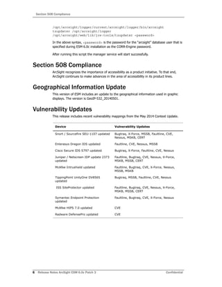 Section 508 Compliance
6 Release Notes ArcSight ESM 6.0c Patch 3 Confidential
/opt/arcsight/logger/current/arcsight/logger/bin/arcsight
tzupdater /opt/arcsight/logger
/opt/arcsight/web/lib/jre-tools/tzupdater <password>
In the above syntax, <password> is the password for the “arcsight” database user that is
specified during ESM 6.0c installation as the CORR-Engine password.
After running this script the manager service will start successfully.
Section 508 Compliance
ArcSight recognizes the importance of accessibility as a product initiative. To that end,
ArcSight continues to make advances in the area of accessibility in its product lines.
Geographical Information Update
This version of ESM includes an update to the geographical information used in graphic
displays. The version is GeoIP-532_20140501.
Vulnerability Updates
This release includes recent vulnerability mappings from the May 2014 Context Update.
Device Vulnerability Updates
Snort / Sourcefire SEU-1107 updated Bugtraq, X-Force, MSSB, Faultline, CVE,
Nessus, MSKB, CERT
Enterasys Dragon IDS updated Faultline, CVE, Nessus, MSSB
Cisco Secure IDS S797 updated Bugtraq, X-Force, Faultline, CVE, Nessus
Juniper / Netscreen IDP update 2373
updated
Faultline, Bugtraq, CVE, Nessus, X-Force,
MSKB, MSSB, CERT
McAfee Intrushield updated Faultline, Bugtraq, CVE, X-Force, Nessus,
MSSB, MSKB
TippingPoint UnityOne DV8565
updated
Bugtraq, MSSB, Faultline, CVE, Nessus
ISS SiteProtector updated Faultline, Bugtraq, CVE, Nessus, X-Force,
MSKB, MSSB, CERT
Symantec Endpoint Protection
updated
Faultline, Bugtraq, CVE, X-Force, Nessus
McAfee HIPS 7.0 updated CVE
Radware DefensePro updated CVE
 