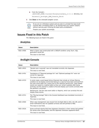 Issues Fixed in this Patch
Confidential Release Notes ArcSight ESM 6.8c Patch 2 13
 From the Console’s
<ARCSIGHT_HOME>/current/UninstallerData_6.8.0.2 directory, run:
Uninstall_ArcSight_ESM_Console_Patch
3 Click Done on the Uninstall Complete screen.
Issues Fixed in this Patch
The following issues are fixed in this patch.
Analytics
ArcSight Console
If you are on a Windows system and you plan to uninstall the base build
Console after uninstalling Patch 2, be advised that your system restarts
without warning upon finishing the base build uninstallation.
Prepare your system accordingly.
Issue Description
NGS-14566 When a Query was constructed with a GROUP condition using 'Sum', SQL
generation would fail.
This issue is now fixed.
Issue Description
NGS-14933 "Bucket size in seconds" was not translated correctly into Japanese.
This issue is now fixed.
NGS-14791 Translations of "Required package For" and "Optional package For" were not
correct for Japanese.
This issue is now fixed.
NGS-14723 In some cases, event-based Active Channels that include an InCase filtering
condition do not display events that belong to a case but have been removed from
the main event table (arc_event) due to the retention period limit. Case-related
events are copied to a special table so they can remain available after being
archived, but the channel is unable to find and display such events correctly after
the partition is archived.
Workaround: Use the case event editor or Reports, which can correctly find and
display these events.
NGS-14721 The “Moving Average" field in the Console Dashboard was translated incorrectly in
Japanese.
This issue is now fixed.
NGS-14565 When case management was moved from ArcSight Web to ACC, the URL sent in
email notifications was not updated correctly and still pointed to Web.
This issue is now fixed.
NGS-14525 Some archived reports that have Japanese characters in their names had garbled
file names when downloaded, and the Japanese characters appeared blank.
This issue is now fixed.
 