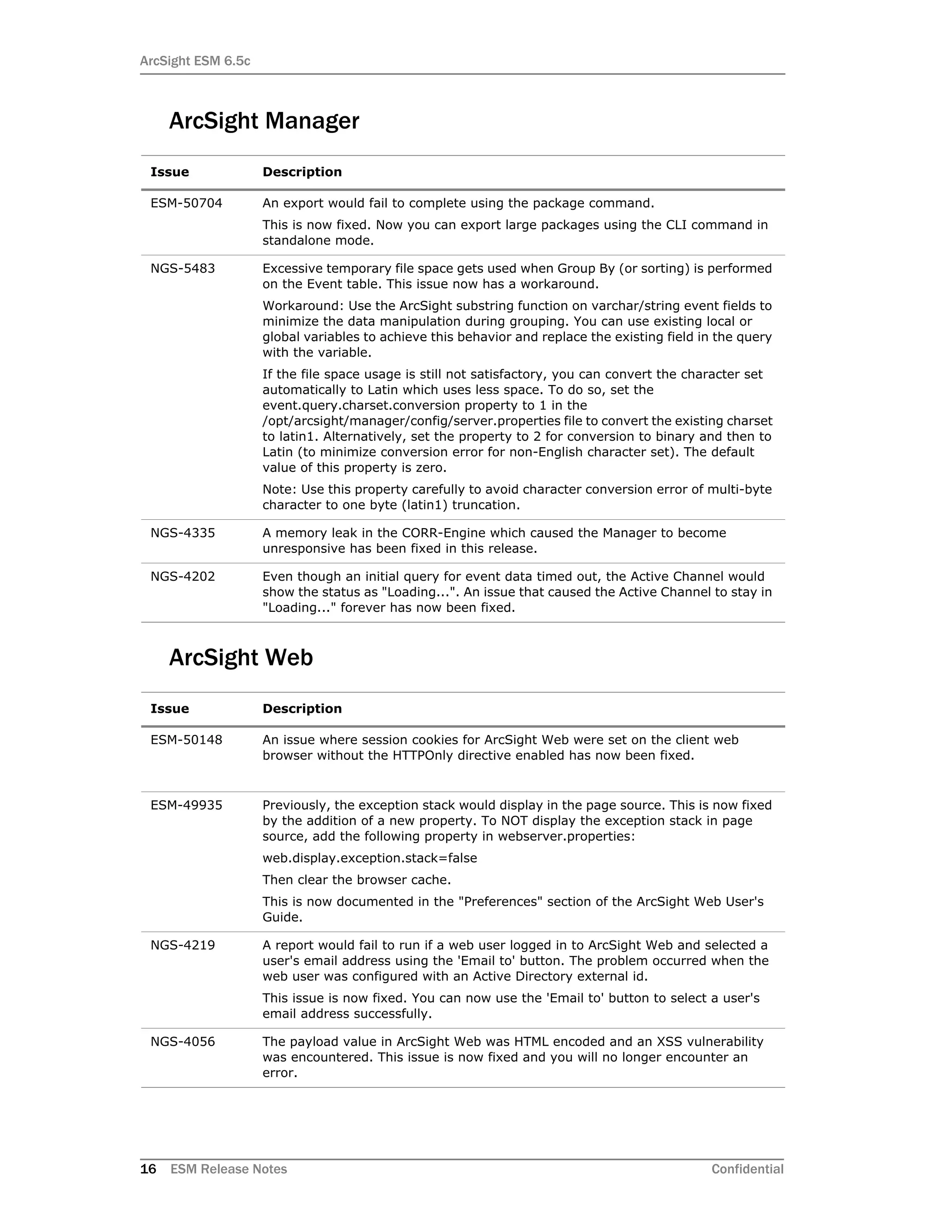 ArcSight ESM 6.5c
16 ESM Release Notes Confidential
ArcSight Manager
ArcSight Web
Issue Description
ESM-50704 An export would fail to complete using the package command.
This is now fixed. Now you can export large packages using the CLI command in
standalone mode.
NGS-5483 Excessive temporary file space gets used when Group By (or sorting) is performed
on the Event table. This issue now has a workaround.
Workaround: Use the ArcSight substring function on varchar/string event fields to
minimize the data manipulation during grouping. You can use existing local or
global variables to achieve this behavior and replace the existing field in the query
with the variable.
If the file space usage is still not satisfactory, you can convert the character set
automatically to Latin which uses less space. To do so, set the
event.query.charset.conversion property to 1 in the
/opt/arcsight/manager/config/server.properties file to convert the existing charset
to latin1. Alternatively, set the property to 2 for conversion to binary and then to
Latin (to minimize conversion error for non-English character set). The default
value of this property is zero.
Note: Use this property carefully to avoid character conversion error of multi-byte
character to one byte (latin1) truncation.
NGS-4335 A memory leak in the CORR-Engine which caused the Manager to become
unresponsive has been fixed in this release.
NGS-4202 Even though an initial query for event data timed out, the Active Channel would
show the status as "Loading...". An issue that caused the Active Channel to stay in
"Loading..." forever has now been fixed.
Issue Description
ESM-50148 An issue where session cookies for ArcSight Web were set on the client web
browser without the HTTPOnly directive enabled has now been fixed.
ESM-49935 Previously, the exception stack would display in the page source. This is now fixed
by the addition of a new property. To NOT display the exception stack in page
source, add the following property in webserver.properties:
web.display.exception.stack=false
Then clear the browser cache.
This is now documented in the "Preferences" section of the ArcSight Web User's
Guide.
NGS-4219 A report would fail to run if a web user logged in to ArcSight Web and selected a
user's email address using the 'Email to' button. The problem occurred when the
web user was configured with an Active Directory external id.
This issue is now fixed. You can now use the 'Email to' button to select a user's
email address successfully.
NGS-4056 The payload value in ArcSight Web was HTML encoded and an XSS vulnerability
was encountered. This issue is now fixed and you will no longer encounter an
error.
 