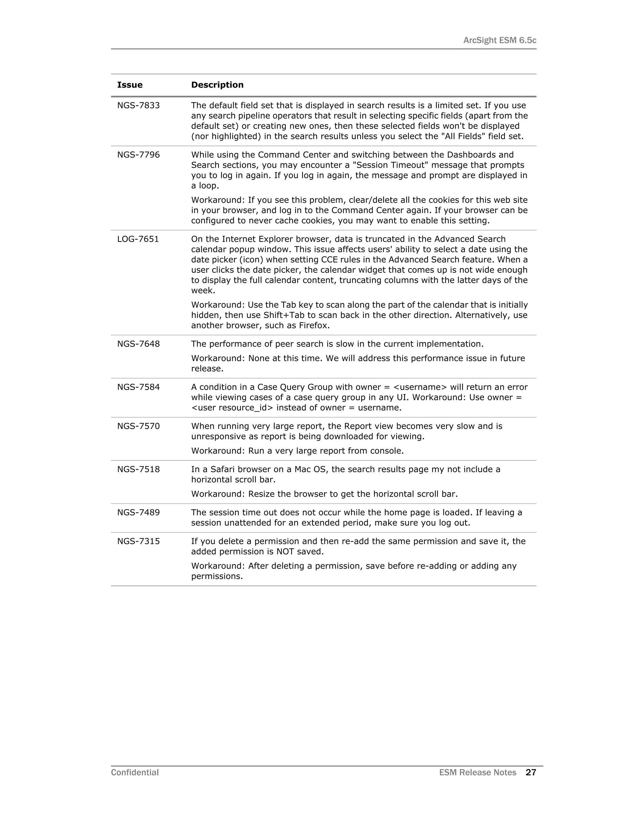 ArcSight ESM 6.5c
Confidential ESM Release Notes 27
NGS-7833 The default field set that is displayed in search results is a limited set. If you use
any search pipeline operators that result in selecting specific fields (apart from the
default set) or creating new ones, then these selected fields won't be displayed
(nor highlighted) in the search results unless you select the "All Fields" field set.
NGS-7796 While using the Command Center and switching between the Dashboards and
Search sections, you may encounter a "Session Timeout" message that prompts
you to log in again. If you log in again, the message and prompt are displayed in
a loop.
Workaround: If you see this problem, clear/delete all the cookies for this web site
in your browser, and log in to the Command Center again. If your browser can be
configured to never cache cookies, you may want to enable this setting.
LOG-7651 On the Internet Explorer browser, data is truncated in the Advanced Search
calendar popup window. This issue affects users' ability to select a date using the
date picker (icon) when setting CCE rules in the Advanced Search feature. When a
user clicks the date picker, the calendar widget that comes up is not wide enough
to display the full calendar content, truncating columns with the latter days of the
week.
Workaround: Use the Tab key to scan along the part of the calendar that is initially
hidden, then use Shift+Tab to scan back in the other direction. Alternatively, use
another browser, such as Firefox.
NGS-7648 The performance of peer search is slow in the current implementation.
Workaround: None at this time. We will address this performance issue in future
release.
NGS-7584 A condition in a Case Query Group with owner = <username> will return an error
while viewing cases of a case query group in any UI. Workaround: Use owner =
<user resource_id> instead of owner = username.
NGS-7570 When running very large report, the Report view becomes very slow and is
unresponsive as report is being downloaded for viewing.
Workaround: Run a very large report from console.
NGS-7518 In a Safari browser on a Mac OS, the search results page my not include a
horizontal scroll bar.
Workaround: Resize the browser to get the horizontal scroll bar.
NGS-7489 The session time out does not occur while the home page is loaded. If leaving a
session unattended for an extended period, make sure you log out.
NGS-7315 If you delete a permission and then re-add the same permission and save it, the
added permission is NOT saved.
Workaround: After deleting a permission, save before re-adding or adding any
permissions.
Issue Description
 