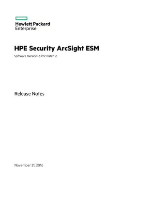 HPE Security ArcSight ESM
Software Version: 6.9.1c Patch 2
Release Notes
November 21, 2016
 