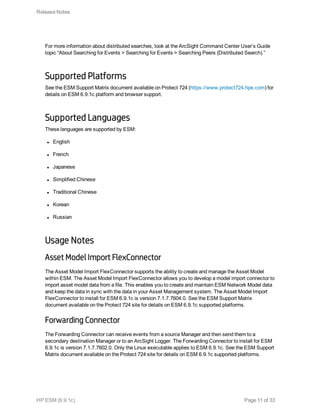 For more information about distributed searches, look at the ArcSight Command Center User’s Guide
topic “About Searching for Events > Searching for Events > Searching Peers (Distributed Search).”
Supported Platforms
See the ESM Support Matrix document available on Protect 724 (https://www.protect724.hpe.com) for
details on ESM 6.9.1c platform and browser support.
Supported Languages
These languages are supported by ESM:
l English
l French
l Japanese
l Simplified Chinese
l Traditional Chinese
l Korean
l Russian
Usage Notes
Asset Model Import FlexConnector
The Asset Model Import FlexConnector supports the ability to create and manage the Asset Model
within ESM. The Asset Model Import FlexConnector allows you to develop a model import connector to
import asset model data from a file. This enables you to create and maintain ESM Network Model data
and keep the data in sync with the data in your Asset Management system. The Asset Model Import
FlexConnector to install for ESM 6.9.1c is version 7.1.7.7604.0. See the ESM Support Matrix
document available on the Protect 724 site for details on ESM 6.9.1c supported platforms.
Forwarding Connector
The Forwarding Connector can receive events from a source Manager and then send them to a
secondary destination Manager or to an ArcSight Logger. The Forwarding Connector to install for ESM
6.9.1c is version 7.1.7.7602.0. Only the Linux executable applies to ESM 6.9.1c. See the ESM Support
Matrix document available on the Protect 724 site for details on ESM 6.9.1c supported platforms.
Release Notes
HP ESM (6.9.1c) Page 11 of 33
 