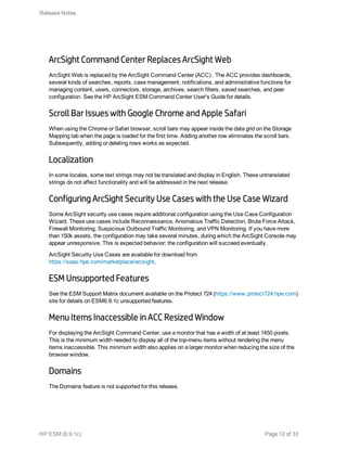 ArcSight Command Center Replaces ArcSight Web
ArcSight Web is replaced by the ArcSight Command Center (ACC) . The ACC provides dashboards,
several kinds of searches, reports, case management, notifications, and administrative functions for
managing content, users, connectors, storage, archives, search filters, saved searches, and peer
configuration. See the HP ArcSight ESM Command Center User's Guide for details.
Scroll Bar Issues with Google Chrome and Apple Safari
When using the Chrome or Safari browser, scroll bars may appear inside the data grid on the Storage
Mapping tab when the page is loaded for the first time. Adding another row eliminates the scroll bars.
Subsequently, adding or deleting rows works as expected.
Localization
In some locales, some text strings may not be translated and display in English. These untranslated
strings do not affect functionality and will be addressed in the next release.
Configuring ArcSight Security Use Cases with the Use Case Wizard
Some ArcSight security use cases require additional configuration using the Use Case Configuration
Wizard. These use cases include Reconnaissance, Anomalous Traffic Detection, Brute Force Attack,
Firewall Monitoring, Suspicious Outbound Traffic Monitoring, and VPN Monitoring. If you have more
than 150k assets, the configuration may take several minutes, during which the ArcSight Console may
appear unresponsive. This is expected behavior; the configuration will succeed eventually.
ArcSight Security Use Cases are available for download from
https://saas.hpe.com/marketplace/arcsight.
ESM Unsupported Features
See the ESM Support Matrix document available on the Protect 724 (https://www.protect724.hpe.com)
site for details on ESM6.9.1c unsupported features.
Menu Items Inaccessible in ACC Resized Window
For displaying the ArcSight Command Center, use a monitor that has a width of at least 1450 pixels.
This is the minimum width needed to display all of the top-menu items without rendering the menu
items inaccessible. This minimum width also applies on a larger monitor when reducing the size of the
browser window.
Domains
The Domains feature is not supported for this release.
Release Notes
HP ESM (6.9.1c) Page 12 of 33
 