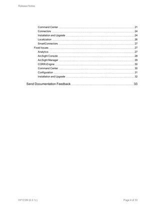 Command Center 21
Connectors 24
Installation and Upgrade 24
Localization 26
SmartConnectors 27
Fixed Issues 27
Analytics 27
ArcSight Console 28
ArcSight Manager 29
CORR-Engine 30
Command Center 30
Configuration 31
Installation and Upgrade 32
Send Documentation Feedback 33
Release Notes
HP ESM (6.9.1c) Page 4 of 33
 