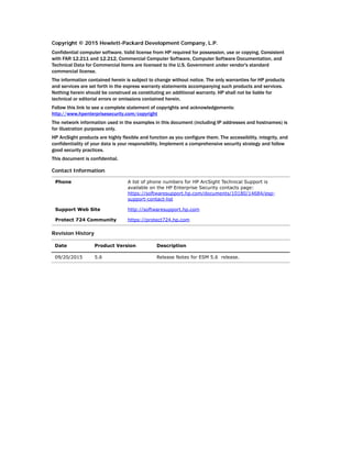 Copyright © 2015 Hewlett-Packard Development Company, L.P.
Confidential computer software. Valid license from HP required for possession, use or copying. Consistent
with FAR 12.211 and 12.212, Commercial Computer Software, Computer Software Documentation, and
Technical Data for Commercial Items are licensed to the U.S. Government under vendor's standard
commercial license.
The information contained herein is subject to change without notice. The only warranties for HP products
and services are set forth in the express warranty statements accompanying such products and services.
Nothing herein should be construed as constituting an additional warranty. HP shall not be liable for
technical or editorial errors or omissions contained herein.
Follow this link to see a complete statement of copyrights and acknowledgements:
http://www.hpenterprisesecurity.com/copyright
The network information used in the examples in this document (including IP addresses and hostnames) is
for illustration purposes only.
HP ArcSight products are highly flexible and function as you configure them. The accessibility, integrity, and
confidentiality of your data is your responsibility. Implement a comprehensive security strategy and follow
good security practices.
This document is confidential.
Contact Information
Revision History
Phone A list of phone numbers for HP ArcSight Technical Support is
available on the HP Enterprise Security contacts page:
https://softwaresupport.hp.com/documents/10180/14684/esp-
support-contact-list
Support Web Site http://softwaresupport.hp.com
Protect 724 Community https://protect724.hp.com
Date Product Version Description
09/20/2015 5.6 Release Notes for ESM 5.6 release.
 