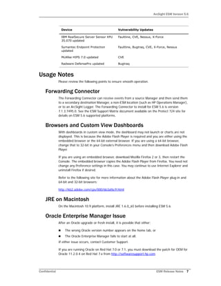 ArcSight ESM Version 5.6
Confidential ESM Release Notes 7
Usage Notes
Please review the following points to ensure smooth operation.
Forwarding Connector
The Forwarding Connector can receive events from a source Manager and then send them
to a secondary destination Manager, a non-ESM location (such as HP Operations Manager),
or to an ArcSight Logger. The Forwarding Connector to install for ESM 5.6 is version
7.1.3.7495.0. See the ESM Support Matrix document available on the Protect 724 site for
details on ESM 5.6 supported platforms.
Browsers and Custom View Dashboards
With dashboards in custom view mode, the dashboard may not launch or charts are not
displayed. This is because the Adobe Flash Player is required and you are either using the
embedded browser or the 64-bit external browser. If you are using a 64-bit browser,
change that to 32-bit in your Console’s Preferences menu and then download Adobe Flash
Player.
If you are using an embedded browser, download Mozilla Firefox 2 or 3, then restart the
Console. The embedded browser copies the Adobe Flash Player from Firefox. You need not
change any Preference settings in this case. You may continue to use Internet Explorer and
uninstall Firefox if desired.
Refer to the following site for more information about the Adobe Flash Player plug-in and
64-bit and 32-bit browsers:
http://kb2.adobe.com/cps/000/6b3af6c9.html
JRE on Macintosh
On the Macintosh 10.9 platform, install JRE 1.6.0_65 before installing ESM 5.6.
Oracle Enterprise Manager Issue
After an Oracle upgrade or fresh install, it is possible that either:
 The wrong Oracle version number appears on the home tab, or
 The Oracle Enterprise Manager fails to start at all.
If either issue occurs, contact Customer Support.
If you are running Oracle on Red Hat 7.0 or 7.1, you must download the patch for OEM for
Oracle 11.2.0.4 on Red Hat 7.x from http://softwaresupport.hp.com
IBM RealSecure Server Sensor XPU
35.070 updated
Faultline, CVE, Nessus, X-Force
Symantec Endpoint Protection
updated
Faultline, Bugtraq, CVE, X-Force, Nessus
McAfee HIPS 7.0 updated CVE
Radware DefensePro updated Bugtraq
Device Vulnerability Updates
 