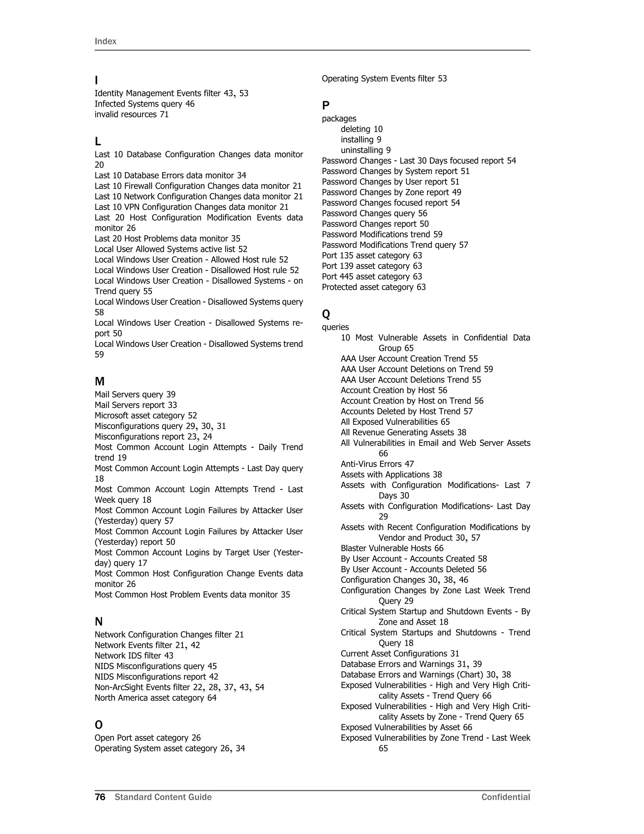 Index
76 Standard Content Guide Confidential
I
Identity Management Events filter 43, 53
Infected Systems query 46
invalid resources 71
L
Last 10 Database Configuration Changes data monitor
20
Last 10 Database Errors data monitor 34
Last 10 Firewall Configuration Changes data monitor 21
Last 10 Network Configuration Changes data monitor 21
Last 10 VPN Configuration Changes data monitor 21
Last 20 Host Configuration Modification Events data
monitor 26
Last 20 Host Problems data monitor 35
Local User Allowed Systems active list 52
Local Windows User Creation - Allowed Host rule 52
Local Windows User Creation - Disallowed Host rule 52
Local Windows User Creation - Disallowed Systems - on
Trend query 55
Local Windows User Creation - Disallowed Systems query
58
Local Windows User Creation - Disallowed Systems re-
port 50
Local Windows User Creation - Disallowed Systems trend
59
M
Mail Servers query 39
Mail Servers report 33
Microsoft asset category 52
Misconfigurations query 29, 30, 31
Misconfigurations report 23, 24
Most Common Account Login Attempts - Daily Trend
trend 19
Most Common Account Login Attempts - Last Day query
18
Most Common Account Login Attempts Trend - Last
Week query 18
Most Common Account Login Failures by Attacker User
(Yesterday) query 57
Most Common Account Login Failures by Attacker User
(Yesterday) report 50
Most Common Account Logins by Target User (Yester-
day) query 17
Most Common Host Configuration Change Events data
monitor 26
Most Common Host Problem Events data monitor 35
N
Network Configuration Changes filter 21
Network Events filter 21, 42
Network IDS filter 43
NIDS Misconfigurations query 45
NIDS Misconfigurations report 42
Non-ArcSight Events filter 22, 28, 37, 43, 54
North America asset category 64
O
Open Port asset category 26
Operating System asset category 26, 34
Operating System Events filter 53
P
packages
deleting 10
installing 9
uninstalling 9
Password Changes - Last 30 Days focused report 54
Password Changes by System report 51
Password Changes by User report 51
Password Changes by Zone report 49
Password Changes focused report 54
Password Changes query 56
Password Changes report 50
Password Modifications trend 59
Password Modifications Trend query 57
Port 135 asset category 63
Port 139 asset category 63
Port 445 asset category 63
Protected asset category 63
Q
queries
10 Most Vulnerable Assets in Confidential Data
Group 65
AAA User Account Creation Trend 55
AAA User Account Deletions on Trend 59
AAA User Account Deletions Trend 55
Account Creation by Host 56
Account Creation by Host on Trend 56
Accounts Deleted by Host Trend 57
All Exposed Vulnerabilities 65
All Revenue Generating Assets 38
All Vulnerabilities in Email and Web Server Assets
66
Anti-Virus Errors 47
Assets with Applications 38
Assets with Configuration Modifications- Last 7
Days 30
Assets with Configuration Modifications- Last Day
29
Assets with Recent Configuration Modifications by
Vendor and Product 30, 57
Blaster Vulnerable Hosts 66
By User Account - Accounts Created 58
By User Account - Accounts Deleted 56
Configuration Changes 30, 38, 46
Configuration Changes by Zone Last Week Trend
Query 29
Critical System Startup and Shutdown Events - By
Zone and Asset 18
Critical System Startups and Shutdowns - Trend
Query 18
Current Asset Configurations 31
Database Errors and Warnings 31, 39
Database Errors and Warnings (Chart) 30, 38
Exposed Vulnerabilities - High and Very High Criti-
cality Assets - Trend Query 66
Exposed Vulnerabilities - High and Very High Criti-
cality Assets by Zone - Trend Query 65
Exposed Vulnerabilities by Asset 66
Exposed Vulnerabilities by Zone Trend - Last Week
65
 