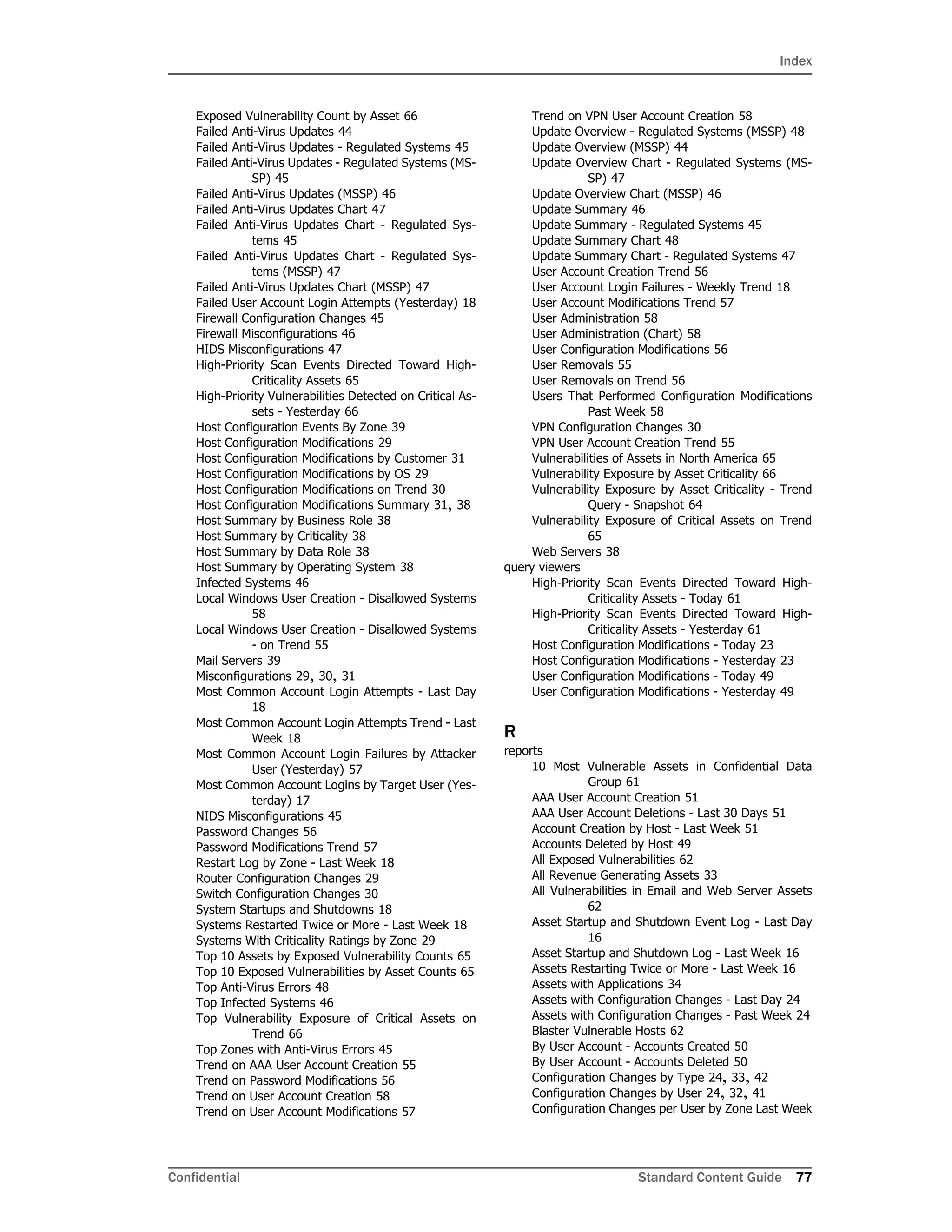Index
Confidential Standard Content Guide 77
Exposed Vulnerability Count by Asset 66
Failed Anti-Virus Updates 44
Failed Anti-Virus Updates - Regulated Systems 45
Failed Anti-Virus Updates - Regulated Systems (MS-
SP) 45
Failed Anti-Virus Updates (MSSP) 46
Failed Anti-Virus Updates Chart 47
Failed Anti-Virus Updates Chart - Regulated Sys-
tems 45
Failed Anti-Virus Updates Chart - Regulated Sys-
tems (MSSP) 47
Failed Anti-Virus Updates Chart (MSSP) 47
Failed User Account Login Attempts (Yesterday) 18
Firewall Configuration Changes 45
Firewall Misconfigurations 46
HIDS Misconfigurations 47
High-Priority Scan Events Directed Toward High-
Criticality Assets 65
High-Priority Vulnerabilities Detected on Critical As-
sets - Yesterday 66
Host Configuration Events By Zone 39
Host Configuration Modifications 29
Host Configuration Modifications by Customer 31
Host Configuration Modifications by OS 29
Host Configuration Modifications on Trend 30
Host Configuration Modifications Summary 31, 38
Host Summary by Business Role 38
Host Summary by Criticality 38
Host Summary by Data Role 38
Host Summary by Operating System 38
Infected Systems 46
Local Windows User Creation - Disallowed Systems
58
Local Windows User Creation - Disallowed Systems
- on Trend 55
Mail Servers 39
Misconfigurations 29, 30, 31
Most Common Account Login Attempts - Last Day
18
Most Common Account Login Attempts Trend - Last
Week 18
Most Common Account Login Failures by Attacker
User (Yesterday) 57
Most Common Account Logins by Target User (Yes-
terday) 17
NIDS Misconfigurations 45
Password Changes 56
Password Modifications Trend 57
Restart Log by Zone - Last Week 18
Router Configuration Changes 29
Switch Configuration Changes 30
System Startups and Shutdowns 18
Systems Restarted Twice or More - Last Week 18
Systems With Criticality Ratings by Zone 29
Top 10 Assets by Exposed Vulnerability Counts 65
Top 10 Exposed Vulnerabilities by Asset Counts 65
Top Anti-Virus Errors 48
Top Infected Systems 46
Top Vulnerability Exposure of Critical Assets on
Trend 66
Top Zones with Anti-Virus Errors 45
Trend on AAA User Account Creation 55
Trend on Password Modifications 56
Trend on User Account Creation 58
Trend on User Account Modifications 57
Trend on VPN User Account Creation 58
Update Overview - Regulated Systems (MSSP) 48
Update Overview (MSSP) 44
Update Overview Chart - Regulated Systems (MS-
SP) 47
Update Overview Chart (MSSP) 46
Update Summary 46
Update Summary - Regulated Systems 45
Update Summary Chart 48
Update Summary Chart - Regulated Systems 47
User Account Creation Trend 56
User Account Login Failures - Weekly Trend 18
User Account Modifications Trend 57
User Administration 58
User Administration (Chart) 58
User Configuration Modifications 56
User Removals 55
User Removals on Trend 56
Users That Performed Configuration Modifications
Past Week 58
VPN Configuration Changes 30
VPN User Account Creation Trend 55
Vulnerabilities of Assets in North America 65
Vulnerability Exposure by Asset Criticality 66
Vulnerability Exposure by Asset Criticality - Trend
Query - Snapshot 64
Vulnerability Exposure of Critical Assets on Trend
65
Web Servers 38
query viewers
High-Priority Scan Events Directed Toward High-
Criticality Assets - Today 61
High-Priority Scan Events Directed Toward High-
Criticality Assets - Yesterday 61
Host Configuration Modifications - Today 23
Host Configuration Modifications - Yesterday 23
User Configuration Modifications - Today 49
User Configuration Modifications - Yesterday 49
R
reports
10 Most Vulnerable Assets in Confidential Data
Group 61
AAA User Account Creation 51
AAA User Account Deletions - Last 30 Days 51
Account Creation by Host - Last Week 51
Accounts Deleted by Host 49
All Exposed Vulnerabilities 62
All Revenue Generating Assets 33
All Vulnerabilities in Email and Web Server Assets
62
Asset Startup and Shutdown Event Log - Last Day
16
Asset Startup and Shutdown Log - Last Week 16
Assets Restarting Twice or More - Last Week 16
Assets with Applications 34
Assets with Configuration Changes - Last Day 24
Assets with Configuration Changes - Past Week 24
Blaster Vulnerable Hosts 62
By User Account - Accounts Created 50
By User Account - Accounts Deleted 50
Configuration Changes by Type 24, 33, 42
Configuration Changes by User 24, 32, 41
Configuration Changes per User by Zone Last Week
 