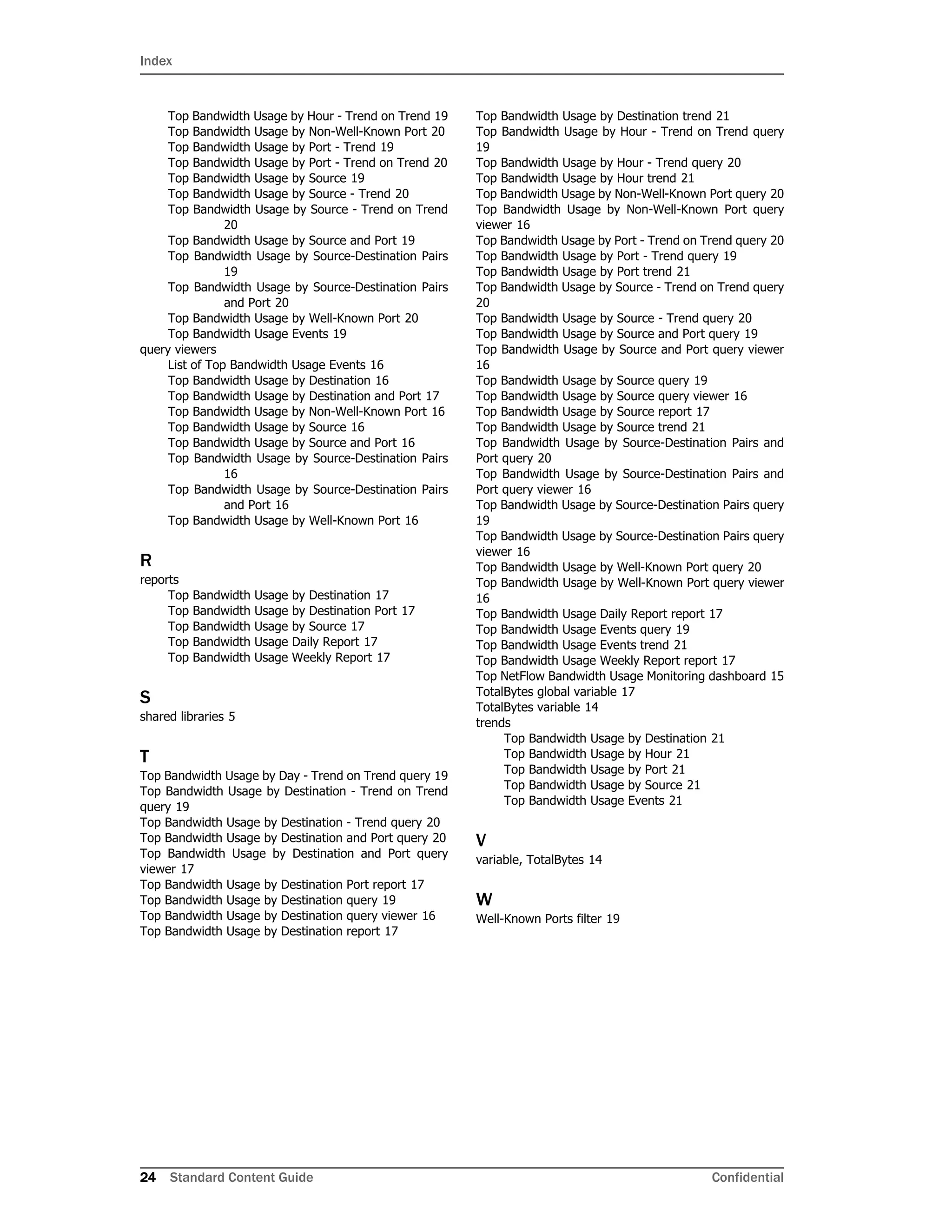 Index
24 Standard Content Guide Confidential
Top Bandwidth Usage by Hour - Trend on Trend 19
Top Bandwidth Usage by Non-Well-Known Port 20
Top Bandwidth Usage by Port - Trend 19
Top Bandwidth Usage by Port - Trend on Trend 20
Top Bandwidth Usage by Source 19
Top Bandwidth Usage by Source - Trend 20
Top Bandwidth Usage by Source - Trend on Trend
20
Top Bandwidth Usage by Source and Port 19
Top Bandwidth Usage by Source-Destination Pairs
19
Top Bandwidth Usage by Source-Destination Pairs
and Port 20
Top Bandwidth Usage by Well-Known Port 20
Top Bandwidth Usage Events 19
query viewers
List of Top Bandwidth Usage Events 16
Top Bandwidth Usage by Destination 16
Top Bandwidth Usage by Destination and Port 17
Top Bandwidth Usage by Non-Well-Known Port 16
Top Bandwidth Usage by Source 16
Top Bandwidth Usage by Source and Port 16
Top Bandwidth Usage by Source-Destination Pairs
16
Top Bandwidth Usage by Source-Destination Pairs
and Port 16
Top Bandwidth Usage by Well-Known Port 16
R
reports
Top Bandwidth Usage by Destination 17
Top Bandwidth Usage by Destination Port 17
Top Bandwidth Usage by Source 17
Top Bandwidth Usage Daily Report 17
Top Bandwidth Usage Weekly Report 17
S
shared libraries 5
T
Top Bandwidth Usage by Day - Trend on Trend query 19
Top Bandwidth Usage by Destination - Trend on Trend
query 19
Top Bandwidth Usage by Destination - Trend query 20
Top Bandwidth Usage by Destination and Port query 20
Top Bandwidth Usage by Destination and Port query
viewer 17
Top Bandwidth Usage by Destination Port report 17
Top Bandwidth Usage by Destination query 19
Top Bandwidth Usage by Destination query viewer 16
Top Bandwidth Usage by Destination report 17
Top Bandwidth Usage by Destination trend 21
Top Bandwidth Usage by Hour - Trend on Trend query
19
Top Bandwidth Usage by Hour - Trend query 20
Top Bandwidth Usage by Hour trend 21
Top Bandwidth Usage by Non-Well-Known Port query 20
Top Bandwidth Usage by Non-Well-Known Port query
viewer 16
Top Bandwidth Usage by Port - Trend on Trend query 20
Top Bandwidth Usage by Port - Trend query 19
Top Bandwidth Usage by Port trend 21
Top Bandwidth Usage by Source - Trend on Trend query
20
Top Bandwidth Usage by Source - Trend query 20
Top Bandwidth Usage by Source and Port query 19
Top Bandwidth Usage by Source and Port query viewer
16
Top Bandwidth Usage by Source query 19
Top Bandwidth Usage by Source query viewer 16
Top Bandwidth Usage by Source report 17
Top Bandwidth Usage by Source trend 21
Top Bandwidth Usage by Source-Destination Pairs and
Port query 20
Top Bandwidth Usage by Source-Destination Pairs and
Port query viewer 16
Top Bandwidth Usage by Source-Destination Pairs query
19
Top Bandwidth Usage by Source-Destination Pairs query
viewer 16
Top Bandwidth Usage by Well-Known Port query 20
Top Bandwidth Usage by Well-Known Port query viewer
16
Top Bandwidth Usage Daily Report report 17
Top Bandwidth Usage Events query 19
Top Bandwidth Usage Events trend 21
Top Bandwidth Usage Weekly Report report 17
Top NetFlow Bandwidth Usage Monitoring dashboard 15
TotalBytes global variable 17
TotalBytes variable 14
trends
Top Bandwidth Usage by Destination 21
Top Bandwidth Usage by Hour 21
Top Bandwidth Usage by Port 21
Top Bandwidth Usage by Source 21
Top Bandwidth Usage Events 21
V
variable, TotalBytes 14
W
Well-Known Ports filter 19
 