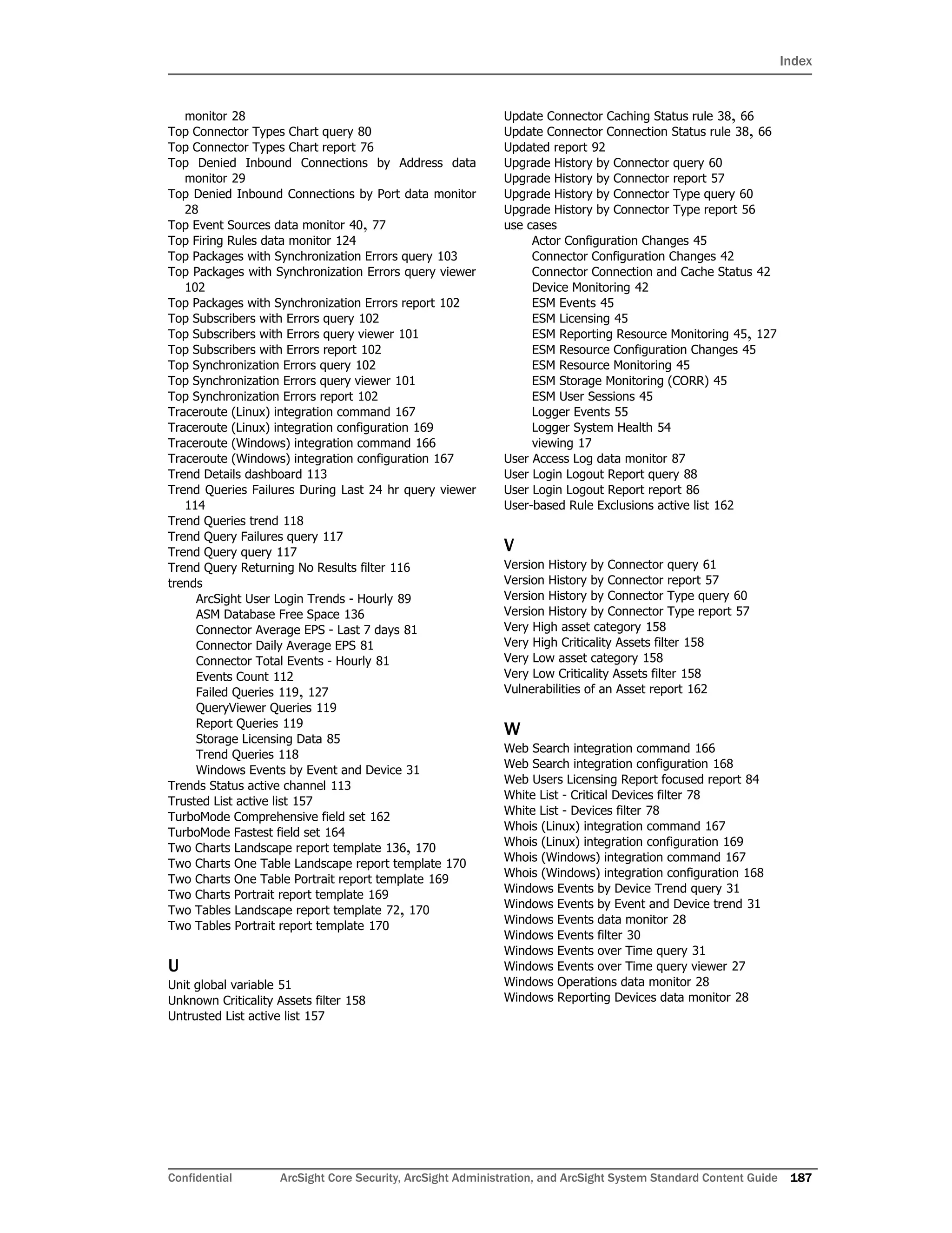 Index
Confidential ArcSight Core Security, ArcSight Administration, and ArcSight System Standard Content Guide 187
monitor 28
Top Connector Types Chart query 80
Top Connector Types Chart report 76
Top Denied Inbound Connections by Address data
monitor 29
Top Denied Inbound Connections by Port data monitor
28
Top Event Sources data monitor 40, 77
Top Firing Rules data monitor 124
Top Packages with Synchronization Errors query 103
Top Packages with Synchronization Errors query viewer
102
Top Packages with Synchronization Errors report 102
Top Subscribers with Errors query 102
Top Subscribers with Errors query viewer 101
Top Subscribers with Errors report 102
Top Synchronization Errors query 102
Top Synchronization Errors query viewer 101
Top Synchronization Errors report 102
Traceroute (Linux) integration command 167
Traceroute (Linux) integration configuration 169
Traceroute (Windows) integration command 166
Traceroute (Windows) integration configuration 167
Trend Details dashboard 113
Trend Queries Failures During Last 24 hr query viewer
114
Trend Queries trend 118
Trend Query Failures query 117
Trend Query query 117
Trend Query Returning No Results filter 116
trends
ArcSight User Login Trends - Hourly 89
ASM Database Free Space 136
Connector Average EPS - Last 7 days 81
Connector Daily Average EPS 81
Connector Total Events - Hourly 81
Events Count 112
Failed Queries 119, 127
QueryViewer Queries 119
Report Queries 119
Storage Licensing Data 85
Trend Queries 118
Windows Events by Event and Device 31
Trends Status active channel 113
Trusted List active list 157
TurboMode Comprehensive field set 162
TurboMode Fastest field set 164
Two Charts Landscape report template 136, 170
Two Charts One Table Landscape report template 170
Two Charts One Table Portrait report template 169
Two Charts Portrait report template 169
Two Tables Landscape report template 72, 170
Two Tables Portrait report template 170
U
Unit global variable 51
Unknown Criticality Assets filter 158
Untrusted List active list 157
Update Connector Caching Status rule 38, 66
Update Connector Connection Status rule 38, 66
Updated report 92
Upgrade History by Connector query 60
Upgrade History by Connector report 57
Upgrade History by Connector Type query 60
Upgrade History by Connector Type report 56
use cases
Actor Configuration Changes 45
Connector Configuration Changes 42
Connector Connection and Cache Status 42
Device Monitoring 42
ESM Events 45
ESM Licensing 45
ESM Reporting Resource Monitoring 45, 127
ESM Resource Configuration Changes 45
ESM Resource Monitoring 45
ESM Storage Monitoring (CORR) 45
ESM User Sessions 45
Logger Events 55
Logger System Health 54
viewing 17
User Access Log data monitor 87
User Login Logout Report query 88
User Login Logout Report report 86
User-based Rule Exclusions active list 162
V
Version History by Connector query 61
Version History by Connector report 57
Version History by Connector Type query 60
Version History by Connector Type report 57
Very High asset category 158
Very High Criticality Assets filter 158
Very Low asset category 158
Very Low Criticality Assets filter 158
Vulnerabilities of an Asset report 162
W
Web Search integration command 166
Web Search integration configuration 168
Web Users Licensing Report focused report 84
White List - Critical Devices filter 78
White List - Devices filter 78
Whois (Linux) integration command 167
Whois (Linux) integration configuration 169
Whois (Windows) integration command 167
Whois (Windows) integration configuration 168
Windows Events by Device Trend query 31
Windows Events by Event and Device trend 31
Windows Events data monitor 28
Windows Events filter 30
Windows Events over Time query 31
Windows Events over Time query viewer 27
Windows Operations data monitor 28
Windows Reporting Devices data monitor 28
 