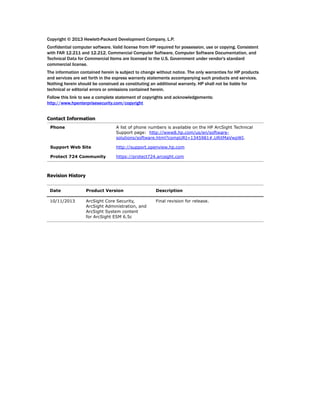 Copyright © 2013 Hewlett-Packard Development Company, L.P.
Confidential computer software. Valid license from HP required for possession, use or copying. Consistent
with FAR 12.211 and 12.212, Commercial Computer Software, Computer Software Documentation, and
Technical Data for Commercial Items are licensed to the U.S. Government under vendor's standard
commercial license.
The information contained herein is subject to change without notice. The only warranties for HP products
and services are set forth in the express warranty statements accompanying such products and services.
Nothing herein should be construed as constituting an additional warranty. HP shall not be liable for
technical or editorial errors or omissions contained herein.
Follow this link to see a complete statement of copyrights and acknowledgements:
http://www.hpenterprisesecurity.com/copyright
Contact Information
Revision History
Phone A list of phone numbers is available on the HP ArcSight Technical
Support page: http://www8.hp.com/us/en/software-
solutions/software.html?compURI=1345981#.URitMaVwpWI.
Support Web Site http://support.openview.hp.com
Protect 724 Community https://protect724.arcsight.com
Date Product Version Description
10/11/2013 ArcSight Core Security,
ArcSight Administration, and
ArcSight System content
for ArcSight ESM 6.5c
Final revision for release.
 