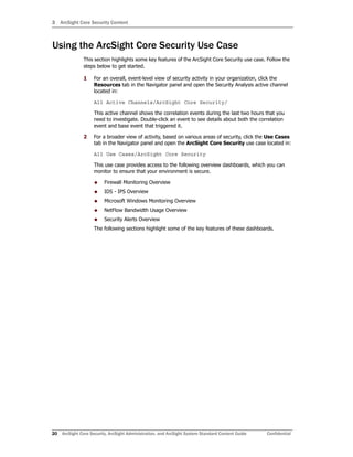 3 ArcSight Core Security Content
20 ArcSight Core Security, ArcSight Administration, and ArcSight System Standard Content Guide Confidential
Using the ArcSight Core Security Use Case
This section highlights some key features of the ArcSight Core Security use case. Follow the
steps below to get started.
1 For an overall, event-level view of security activity in your organization, click the
Resources tab in the Navigator panel and open the Security Analysis active channel
located in:
All Active Channels/ArcSight Core Security/
This active channel shows the correlation events during the last two hours that you
need to investigate. Double-click an event to see details about both the correlation
event and base event that triggered it.
2 For a broader view of activity, based on various areas of security, click the Use Cases
tab in the Navigator panel and open the ArcSight Core Security use case located in:
All Use Cases/ArcSight Core Security
This use case provides access to the following overview dashboards, which you can
monitor to ensure that your environment is secure.
 Firewall Monitoring Overview
 IDS - IPS Overview
 Microsoft Windows Monitoring Overview
 NetFlow Bandwidth Usage Overview
 Security Alerts Overview
The following sections highlight some of the key features of these dashboards.
 