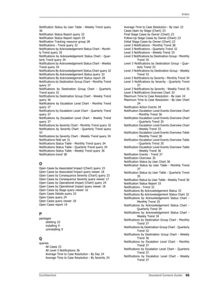 Index
Confidential Standard Content Guide 45
Notification Status by User Table - Weekly Trend query
36
Notification Status Report query 33
Notification Status Report report 29
Notification Tracking resource group 28
Notifications - Trend query 32
Notifications by Acknowledgement Status Chart - Month-
ly Trend query 35
Notifications by Acknowledgement Status Chart - Quar-
terly Trend query 34
Notifications by Acknowledgement Status Chart - Weekly
Trend query 34
Notifications By Acknowledgement Status Chart query 32
Notifications By Acknowledgement Status query 33
Notifications By Acknowledgement Status report 28
Notifications by Destination Group Chart - Monthly Trend
query 37
Notifications by Destination Group Chart - Quarterly
Trend query 32
Notifications by Destination Group Chart - Weekly Trend
query 36
Notifications by Escalation Level Chart - Monthly Trend
query 37
Notifications by Escalation Level Chart - Quarterly Trend
query 37
Notifications by Escalation Level Chart - Weekly Trend
query 37
Notifications by Severity Chart - Monthly Trend query 32
Notifications by Severity Chart - Quarterly Trend query
33
Notifications by Severity Chart - Weekly Trend query 34
Notifications field set 31
Notifications Status Table - Monthly Trend query 34
Notifications Status Table - Quarterly Trend query 34
Notifications Status Table - Weekly Trend query 36
Notifications trend 38
O
Open Cases by Associated Impact (Chart) query 23
Open Cases by Associated Impact query viewer 18
Open Cases by Consequence Severity (Chart) query 23
Open Cases by Consequence Severity query viewer 17
Open Cases by Operational Impact (Chart) query 24
Open Cases by Operational Impact query viewer 18
Open Cases by Stage query viewer 16
Open Cases Details query 23
Open Cases query 24
Open Cases query viewer 18
Open Cases report 19
P
packages
deleting 10
installing 9
uninstalling 9
Q
queries
All Cases 23
All Level 3 Notifications 36
Average Time to Case Resolution - By Day 24
Average Time to Case Resolution - By Severity 24
Average Time to Case Resolution - By User 23
Cases Open by Stage (Chart) 23
Final Stage Cases by Owner (Chart) 23
Follow-Up Stage Cases by Owner (Chart) 23
Initial Stage Cases by Owner (Chart) 23
Level 3 Notifications - Monthly Trend 38
Level 3 Notifications - Quarterly Trend 32
Level 3 Notifications - Weekly Trend 33
Level 3 Notifications by Destination Group - Monthly
Trend 35
Level 3 Notifications by Destination Group - Quar-
terly Trend 33
Level 3 Notifications by Destination Group - Weekly
Trend 33
Level 3 Notifications by Severity - Monthly Trend 34
Level 3 Notifications by Severity - Quarterly Trend
37
Level 3 Notifications by Severity - Weekly Trend 35
Level 3 Notifications Overview Chart 33
Maximum Time to Case Resolution - By User 24
Maximum Time to Case Resolution - By User Chart
24
Notification Action Events 34
Notification Escalation Level Events Overview Chart
- Monthly Trend 36
Notification Escalation Level Events Overview Chart
- Quarterly Trend 35
Notification Escalation Level Events Overview Chart
- Weekly Trend 33
Notification Escalation Level Events Overview Table
- Monthly Trend 38
Notification Escalation Level Events Overview Table
- Quarterly Trend 35
Notification Escalation Level Events Overview Table
- Weekly Trend 36
Notification Events - Trend 37
Notification Overview 35
Notification Status by User Chart 36
Notification Status by User Table - Monthly Trend
37
Notification Status by User Table - Quarterly Trend
35
Notification Status by User Table - Weekly Trend 36
Notification Status Report 33
Notifications - Trend 32
Notifications By Acknowledgement Status 33
Notifications By Acknowledgement Status Chart 32
Notifications by Acknowledgement Status Chart -
Monthly Trend 35
Notifications by Acknowledgement Status Chart -
Quarterly Trend 34
Notifications by Acknowledgement Status Chart -
Weekly Trend 34
Notifications by Destination Group Chart - Monthly
Trend 37
Notifications by Destination Group Chart - Quarterly
Trend 32
Notifications by Destination Group Chart - Weekly
Trend 36
Notifications by Escalation Level Chart - Monthly
Trend 37
Notifications by Escalation Level Chart - Quarterly
Trend 37
Notifications by Escalation Level Chart - Weekly
Trend 37
 