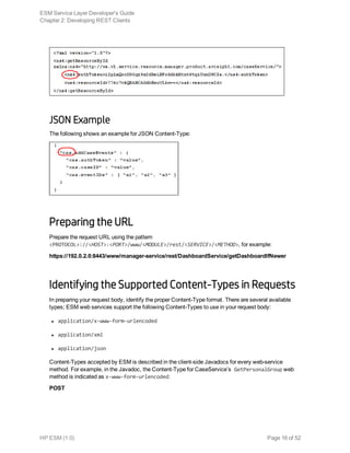 JSON Example
The following shows an example for JSON Content-Type:
Preparing the URL
Prepare the request URL using the pattern
<PROTOCOL>://<HOST>:<PORT>/www/<MODULE>/rest/<SERVICE>/<METHOD>, for example:
https://192.0.2.0:8443/www/manager-service/rest/DashboardService/getDashboardIfNewer
Identifying the Supported Content-Types in Requests
In preparing your request body, identify the proper Content-Type format. There are several available
types; ESM web services support the following Content-Types to use in your request body:
l application/x-www-form-urlencoded
l application/xml
l application/json
Content-Types accepted by ESM is described in the client-side Javadocs for every web-service
method. For example, in the Javadoc, the Content-Type for CaseService’s GetPersonalGroup web
method is indicated as x-www-form-urlencoded:
POST
ESM Service Layer Developer's Guide
Chapter 2: Developing REST Clients
HP ESM (1.0) Page 16 of 52
 