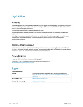 Legal Notices
Warranty
The only warranties for HP products and services are set forth in the express warranty statements accompanying such products
and services. Nothing herein should be construed as constituting an additional warranty. HP shall not be liable for technical or
editorial errors or omissions contained herein.
The information contained herein is subject to change without notice.
The network information used in the examples in this document (including IP addresses and hostnames) is for illustration
purposes only.
HP ArcSight products are highly flexible and function as you configure them. The accessibility, integrity, and confidentiality of
your data is your responsibility. Implement a comprehensive security strategy and follow good security practices.
This document is confidential.
Restricted Rights Legend
Confidential computer software. Valid license from HP required for possession, use or copying. Consistent with FAR 12.211
and 12.212, Commercial Computer Software, Computer Software Documentation, and Technical Data for Commercial Items
are licensed to the U.S. Government under vendor's standard commercial license.
Copyright Notice
© Copyright 2015 Hewlett-Packard Development Company, L.P.
Follow this link to see a complete statement of copyrights and acknowledgements:
http://www.hpenterprisesecurity.com/copyright
Support
Phone A list of phone numbers is available on the HP ArcSight Technical Support
Page: https://softwaresupport.hp.com/documents/10180/14684/esp-support-
contact-list
Support Web Site https://softwaresupport.hp.com
Protect 724 Community https://protect724.hp.com
Contact Information
HP ESM (1.0) Page 2 of 52
 