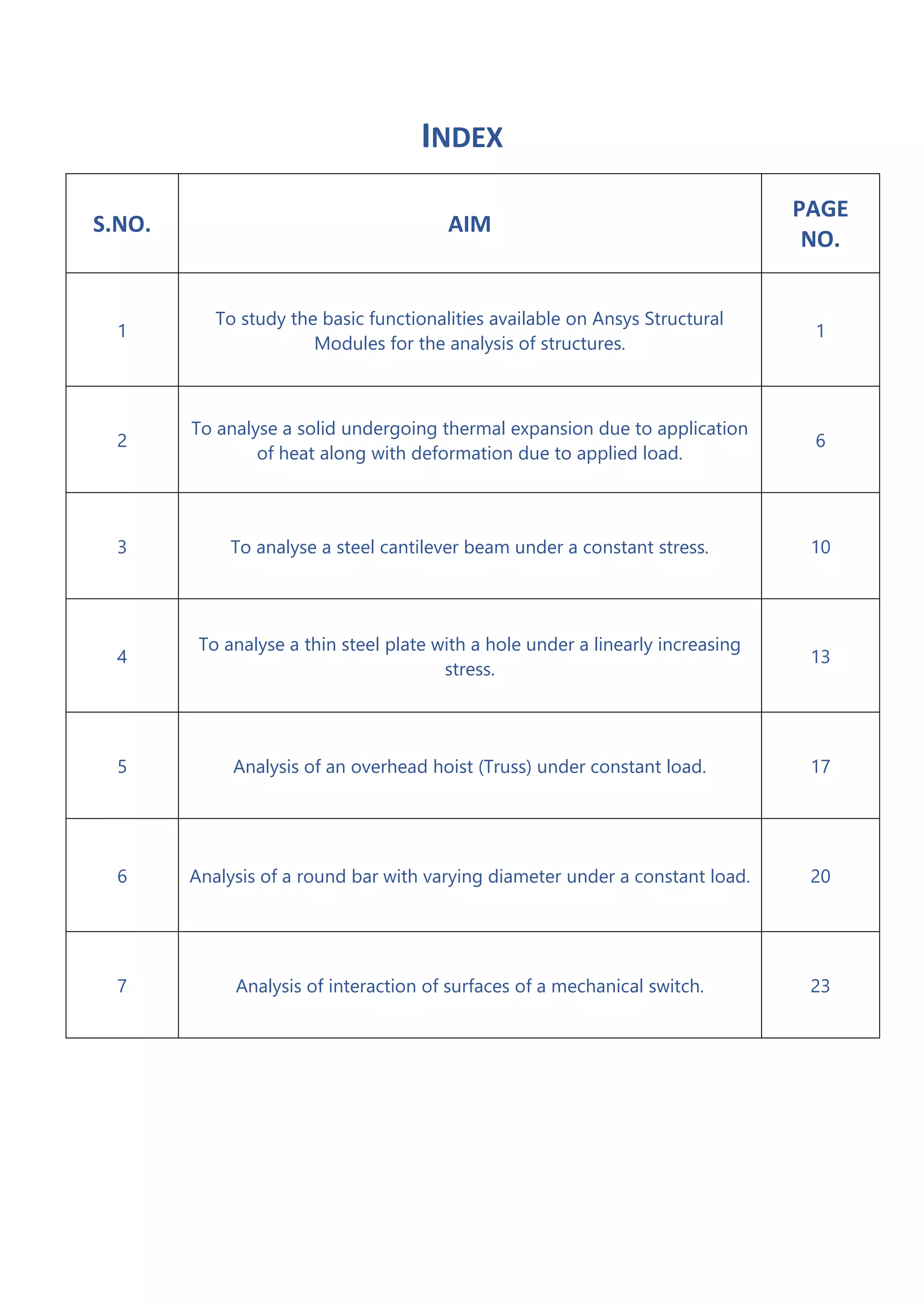 INDEX
S.NO. AIM
PAGE
NO.
1
To study the basic functionalities available on Ansys Structural
Modules for the analysis of structures.
1
2
To analyse a solid undergoing thermal expansion due to application
of heat along with deformation due to applied load.
6
3 To analyse a steel cantilever beam under a constant stress. 10
4
To analyse a thin steel plate with a hole under a linearly increasing
stress.
13
5 Analysis of an overhead hoist (Truss) under constant load. 17
6 Analysis of a round bar with varying diameter under a constant load. 20
7 Analysis of interaction of surfaces of a mechanical switch. 23
 