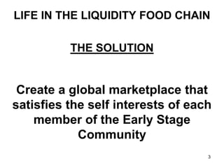 LIFE IN THE LIQUIDITY FOOD CHAIN

          THE SOLUTION


 Create a global marketplace that
satisfies the self interests ...
