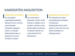 10/11/2014 
12 
KANDIDATEN AKQUISITION 
KANDIDATEN NETZWERK Wir veranstalten regelmäßige Kandidaten- Netzwerk Events, zu denen unsere aktuellen Kandidaten eingeladen werden, um aktuelle Marktveränderungen zu besprechen und neue Kontakte zu knüpfen. 
CV-DATENBANK 
Um unsere interne Datenbank mit über 10.000 Experten zu pflegen und zu erweitern, sprechen unsere Berater täglich mit passiven und aktiven Talenten und nutzen führenden CV- Datenbanken. 
KANDIDATEN-EXKLUSIVITÄT 
Wir kooperieren mit vielen hochqualifizierten Kandidaten mit exklusivem Repräsentationsrecht. Somit stellen wir sicher das Ihnen die besten Kandidaten zur Verfügung stehen.  