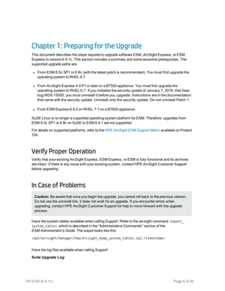 Chapter 1: Preparing for the Upgrade
This document describes the steps required to upgrade software ESM, ArcSight Express, or ESM
Express to version 6.9.1c. This section includes a summary and some essential prerequisites. The
supported upgrade paths are:
l From ESM 6.5c SP1 or 6.8c (with the latest patch is recommended). You must first upgrade the
operating system to RHEL 6.7.
l From ArcSight Express 4.0 P1 or later on a B7500 appliance. You must first upgrade the
operating system to RHEL 6.7. If you installed the security update of January 7, 2016, that fixes
bug NGS-15050, you must uninstall it before you upgrade. Instructions are in the documentation
that came with the security update. Uninstall only the security update. Do not uninstall Patch 1.
l From ESM Express 6.9.0 on RHEL 7.1 on a B7600 appliance.
SuSE Linux is no longer a supported operating system platform for ESM. Therefore, upgrades from
ESM 6.5c SP1 or 6.8c on SuSE to ESM 6.9.1 are not supported.
For details on supported platforms, refer to the HPE ArcSight ESM Support Matrix available on Protect
724.
Verify Proper Operation
Verify that your existing ArcSight Express, ESM Express, or ESM is fully functional and its archives
are intact. If there is any issue with your existing system, contact HPE ArcSight Customer Support
before upgrading.
In Case of Problems
Caution: Be aware that once you begin the upgrade, you cannot roll back to the previous version.
Do not use the uninstall link, it does not work for an upgrade. If you encounter errors when
upgrading, contact HPE ArcSight Customer Support for help to move forward with the upgrade
process.
Have the system tables available when calling Support. Refer to the arcsight command export_
system_tables, which is described in the "Administrative Commands" section of the
ESM Administrator's Guide. The output looks like this:
/opt/arcsight/manager/tmp/arcsight_dump_system_tables.sql.<timestamp>
Have the log files available when calling Support:
Suite Upgrade Log:
HP ESM (6.9.1c) Page 5 of 39
 