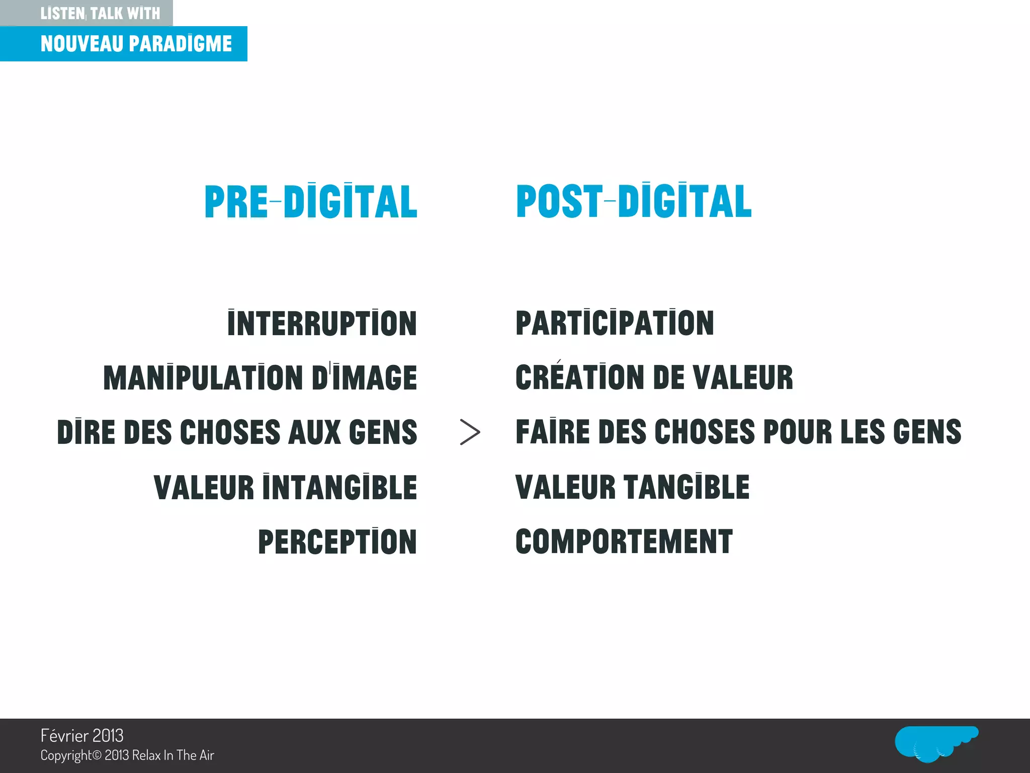 PRE-DIGITAL
Interruption
Manipulation d’image
Dire des choses aux gens
Valeur intangible
Perception
POST-DIGITAL
Participation
Création de valeur
Faire des choses pour les gens
Valeur tangible
Comportement
>
listen, talk with
nouveau paradigme
Relax In The Air
Février 2013
Copyright© 2013 Relax In The Air
 