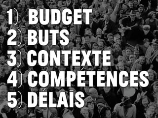 1) budget
2) BUTS
3) Contexte
4) compétences
5) délais
 
