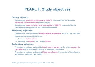 PEARL II: Study objectives
Primary objective
• Demonstrate non-inferior efficacy of ESMYA versus GnRHa for reducing
excessive uterine bleeding prior to surgery
• Demonstrate superior safety and tolerability of ESMYA versus GnRHa for
castration-related symptoms and their consequences
Secondary objectives
• Demonstrate improvements in fibroid-related symptoms, such as QOL and pain• Demonstrate improvements in fibroid-related symptoms, such as QOL and pain
• Assess the capacity of ESMYA to:
– Decrease uterine volume
– Decrease the volume of the 3 largest fibroids
Exploratory objectives
• Proportion of subjects switched to less invasive surgery or for whom surgery is
cancelled due to improved condition at treatment completion
• Proportion of subjects undergoing blood transfusion, the number of transfusions
and volume transfused per subject
GnRHa, gonadotrophin-releasing hormone agonist; QOL, quality of life
 