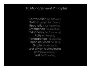 10 Management Principles


 Conversation (Vs Diffusion)
  Bottom up (Vs Top Down)
  Reputation (Vs Hierarchy)
  Emergence ...