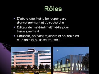 Rôles
D’abord une institution supérieure
d’enseignement et de recherche
Éditeur de matériel multimédia pour
l’enseignement
Diffuseur, pouvant rejoindre et soutenir les
étudiants là où ils se trouvent
 