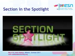 Section in the Spotlight
BIM 419| Salih Odabaşı, Bilkent – Summer 2011
salih.odabasi@esnturkey.org
 
