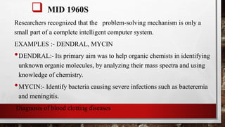 MID 1960S
Researchers recognized that the problem-solving mechanism is only a
small part of a complete intelligent computer system.
EXAMPLES :- DENDRAL, MYCIN
•DENDRAL:- Its primary aim was to help organic chemists in identifying
unknown organic molecules, by analyzing their mass spectra and using
knowledge of chemistry.
•MYCIN:- Identify bacteria causing severe infections such as bacteremia
and meningitis.
Diagnosis of blood clotting diseases
 