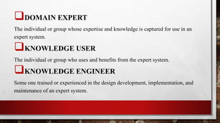 DOMAIN EXPERT
The individual or group whose expertise and knowledge is captured for use in an
expert system.
KNOWLEDGE USER
The individual or group who uses and benefits from the expert system.
KNOWLEDGE ENGINEER
Some one trained or experienced in the design development, implementation, and
maintenance of an expert system.
 