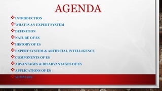 AGENDA
INTRODUCTION
WHAT IS AN EXPERT SYSTEM
DEFINITION
NATURE OF ES
HISTORY OF ES
EXPERT SYSTEM & ARTIFICIAL INTELLIGENCE
COMPONENTS OF ES
ADVANTAGES & DISADVANTAGES OF ES
APPLICATIONS OF ES
SUMMARY
 