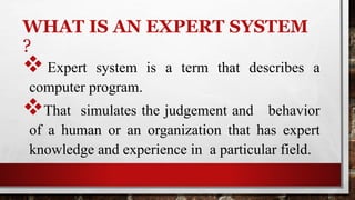 WHAT IS AN EXPERT SYSTEM
?
 Expert system is a term that describes a
computer program.
That simulates the judgement and behavior
of a human or an organization that has expert
knowledge and experience in a particular field.
 