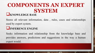 COMPONENTS AN EXPERT
SYSTEM
KNOWLEDGE BASE
Stores all relevant information, data , rules, cases and relationships
used by expert system.
INFERENCE ENGINE
Seeks information and relationship from the knowledge base and
provides answers, predictions and suggestions in the way a human
expert would.
 