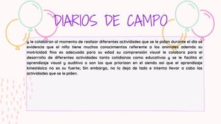 DIARIOS DE CAMPO
y le colaboran al momento de realizar diferentes actividades que se le pidan durante el día se
evidencia que el niño tiene muchos conocimientos referente a los animales además su
motricidad fina es adecuada para su edad su comprensión visual le colabora para el
desarrollo de diferentes actividades tanto cotidianas como educativas y se le facilita el
aprendizaje visual y auditivo o son los que priorizan en el siendo así que el aprendizaje
kinestésico no es su fuerte; Sin embargo, no lo deja de lado e intenta llevar a cabo las
actividades que se le piden.
 