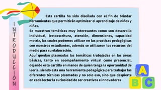 Esta cartilla ha sido diseñada con el fin de brindar
herramientas que permitirán optimizar el aprendizaje de niños y
niñas.
Se muestran temáticas muy interesantes como son desarrollo
individual, lectoescritura, atención, dimensiones, capacidad
motriz, las cuales podemos utilizar en las practicas pedagógicas
con nuestros estudiantes, además se utilizaron los recursos del
medio para su elaboración.
Aquí quedan plasmadas las temáticas trabajadas en las áreas
básicas, tanto en acompañamiento virtual como presencial,
dejando esta cartilla en manos de quien tenga la oportunidad de
leerla, siendo esta una herramienta pedagógica para trabajar las
diferentes técnicas plasmadas y no solo eso, sino que despierte
en cada lector la curiosidad de ser creativos e innovadores
 