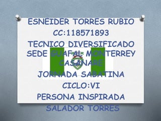ESNEIDER TORRES RUBIO
CC:118571893
TECNICO DIVERSIFICADO
SEDE GUAFAL MONTERREY
CASANARE
JORNADA SABATINA
CICLO:VI
PERSONA INSPIRADA
SALADOR TORRES
 