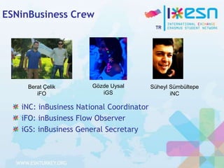 ESNinBusiness Crew

Berat Çelik
iFO

Gözde Uysal
iGS

iNC: inBusiness National Coordinator
iFO: inBusiness Flow Observer
iGS: inBusiness General Secretary

Süheyl Sümbültepe
iNC

 