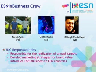 ESNinBusiness Crew

Berat Çelik
iFO

Gözde Uysal
iGS

Süheyl Sümbültepe
iNC

iNC Responsabilities
• Responsible for the realization of annual targets
• Develop marketing strategies for brand value
• Introduce ESNinBusiness to ESN countries

 