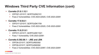 Copyright © 2023 Ivanti. All rights reserved.
Windows Third Party CVE Information (cont)
§ Corretto 21.0.1.12.1
§ CRTO21-231017, QCRTOJDK2101
§ Fixes 2 Vulnerabilities: CVE-2023-22025, CVE-2023-22081
§ Corretto 17.0.9.8.1
§ CRTO17-231017, QCRTOJDK1709
§ Fixes 2 Vulnerabilities: CVE-2023-22025, CVE-2023-22081
§ Corretto 11.0.21.9.1
§ CRTO11-231017, QCRTOJDK11021
§ Fixes 1 Vulnerability: CVE-2023-22081
§ Corretto 8.392.08.1 – JRE and JDK
§ CRTO8-231017, QCRTOJRE8392
§ CRTO8-231017, QCRTOJDK8392
§ Fixes 2 Vulnerabilities: CVE-2023-22067, CVE-2023-22081
 