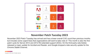 Copyright © 2023 Ivanti. All rights reserved.
November Patch Tuesday 2023
November 2023 Patch Tuesday has arrived and has a lower overall CVE count than previous months
but includes some urgent fixes that organizations will want to take note of. This month is also the first
patch cycle for Server 2012 and 2012 R2 extended support (ESU). On the third-party side Adobe
released a major update for Acrobat and Reader, and Google dropped a late security update for the
Chrome Stable Channel.
 