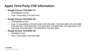 Copyright © 2023 Ivanti. All rights reserved.
Apple Third Party CVE Information
§ Google Chrome 118.0.5993.117
§ CHROMEMAC-231025
§ Fixes 1 Vulnerability: CVE-2023-5472
§ Google Chrome 119.0.6045.105
§ CHROMEMAC-231031
§ Fixes 13 Vulnerabilities: CVE-2023-5480, CVE-2023-5482, CVE-2023-5849, CVE-2023-5850,
CVE-2023-5851, CVE-2023-5852, CVE-2023-5853, CVE-2023-5854, CVE-2023-5855, CVE-
2023-5856, CVE-2023-5857, CVE-2023-5858, CVE-2023-5859
§ Google Chrome 119.0.6045.123
§ CHROME-231108
§ Fixes 1 Vulnerability: CVE-2023-5996
 