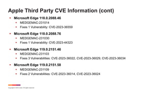 Copyright © 2023 Ivanti. All rights reserved.
Apple Third Party CVE Information (cont)
§ Microsoft Edge 118.0.2088.46
§ MEDGEMAC-231014
§ Fixes 1 Vulnerability: CVE-2023-36559
§ Microsoft Edge 118.0.2088.76
§ MEDGEMAC-231030
§ Fixes 1 Vulnerability: CVE-2023-44323
§ Microsoft Edge 119.0.2151.46
§ MEDGEMAC-231103
§ Fixes 3 Vulnerabilities: CVE-2023-36022, CVE-2023-36029, CVE-2023-36034
§ Microsoft Edge 119.0.2151.58
§ MEDGEMAC-231109
§ Fixes 2 Vulnerabilities: CVE-2023-36014, CVE-2023-36024
 