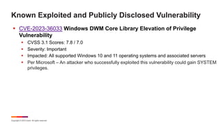 Copyright © 2023 Ivanti. All rights reserved.
Known Exploited and Publicly Disclosed Vulnerability
§ CVE-2023-36033 Windows DWM Core Library Elevation of Privilege
Vulnerability
§ CVSS 3.1 Scores: 7.8 / 7.0
§ Severity: Important
§ Impacted: All supported Windows 10 and 11 operating systems and associated servers
§ Per Microsoft – An attacker who successfully exploited this vulnerability could gain SYSTEM
privileges.
 