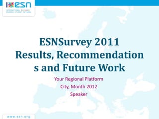 ESNSurvey 2011
Results, Recommendation
s and Future Work
Your Regional Platform
City, Month 2012
Speaker
 